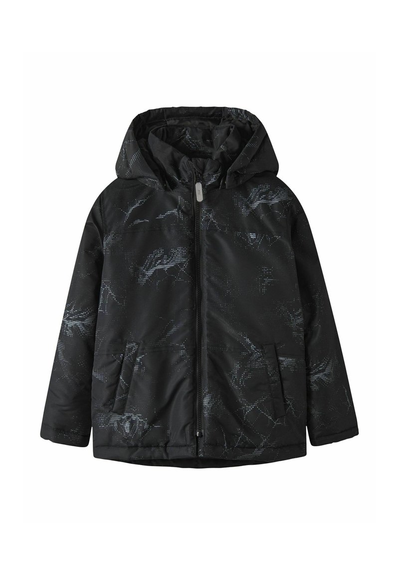 Must must jacket kapuutsiga, kus on hall geomeetriline muster, ees tõmblukk ja kaks küljetaskut. Sile tekstuur.