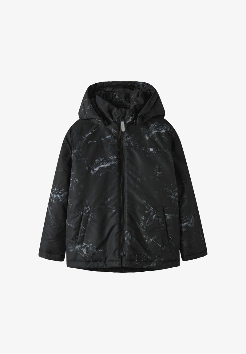 Must must jacket kapuutsiga, kus on hall geomeetriline muster, ees tõmblukk ja kaks küljetaskut. Sile tekstuur.