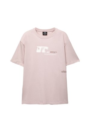Light pink cotton t-shirt with short sleeves, featuring a graphic design in white and brown on the front and logo detail on the sleeve.