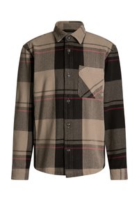 Koszula w kratę w kolorach beżowym, czarnym i czerwonym. Posiada zapinany na guziki przód, kołnierz, długie rękawy oraz kieszeń na piersi z trójkątną klapą.