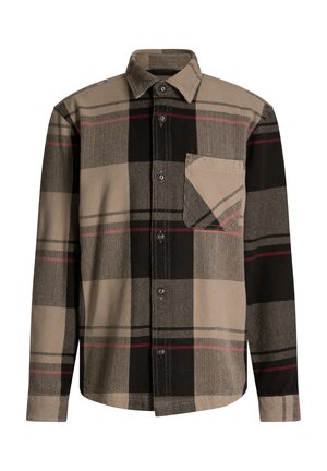 Kariertes Hemd in Beige, Schwarz und Rot. Verfügt über eine Knopfleiste vorne, einen Kragen, lange Ärmel und eine Brusttasche mit dreieckiger Klappe.