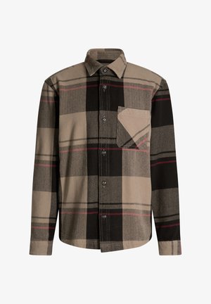 Kariertes Hemd in Beige, Schwarz und Rot. Verfügt über eine Knopfleiste vorne, einen Kragen, lange Ärmel und eine Brusttasche mit dreieckiger Klappe.