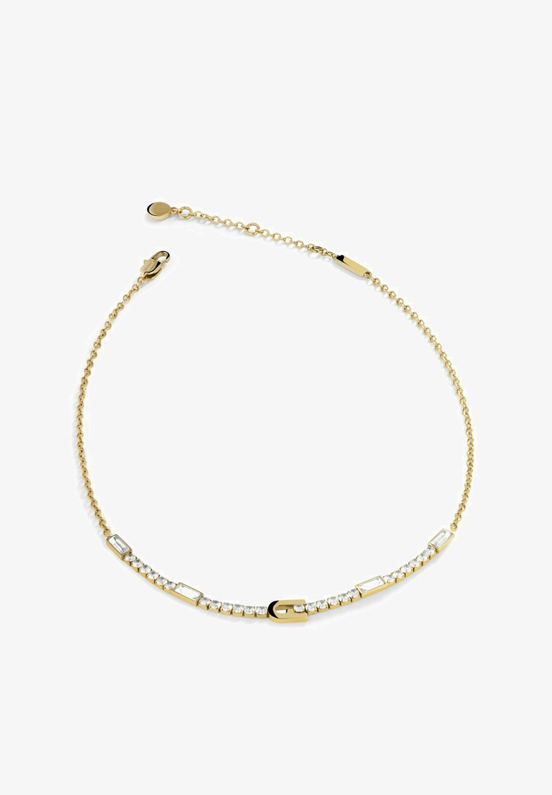 Kuldne kett käevõru, millel on ristkülikulised ja ümmargused selged kristallid, sisaldab turvalist kinnitust ja rõhutatud detaile visuaalse huvi lisamiseks.