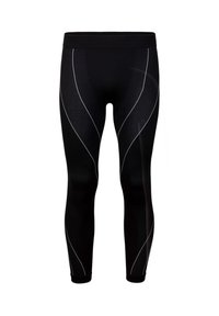 Zwarte leggings van rekbaar materiaal met witte gebogen lijnen en een aansluitend ontwerp, met een brede tailleband en enkelmanchetten.