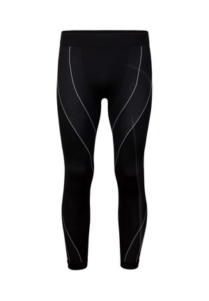 Zwarte leggings van rekbaar materiaal met witte gebogen lijnen en een aansluitend ontwerp, met een brede tailleband en enkelmanchetten.