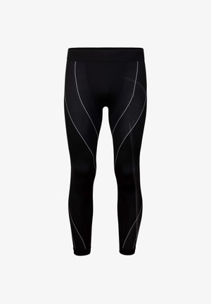 Black leggings made from stretchy fabric with white curved lines and a fitted design, featuring a wide waistband and ankle cuffs.