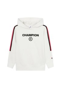 Witte hoodie met een voorzak, "CHAMPION" logo in zwart, rode en zwarte strepen langs de mouwen, verstelbare trekkoord van de capuchon.