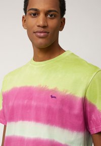 Camiseta de manga corta con un patrón de tie-dye en verde y rosa, con un pequeño logo de un dachshund púrpura en el pecho. Tejido de algodón suave.