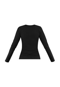 Schwarzes Langarmshirt mit schmaler Silhouette, Rundhalsausschnitt und glattem Stoffgefühl, von hinten betrachtet. Keine Muster oder Akzente.