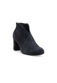 Stivaletti in suede blu navy con punta affusolata, parte superiore inclinata e tacco robusto; dotati di una cerniera laterale per una facile indossabilità.