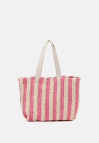 Paski torba na ramię w kolorach różowym i kremowym, wykonana z plecionego materiału. Posiada dwa jasne uchwyty z tkaniny. Przestronny design.