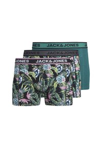 Trois paires de boxers JACK & JONES : un noir avec un imprimé tropical coloré, un noir avec un motif géométrique subtil, et un uni teal.