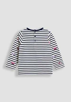 Gestreiftes langärmliges T-Shirt für Kleinkinder in Weiß und Marineblau mit drei Knöpfen auf der Rückseite sowie bestickten Schmetterlingen und Blumen an den Ärmeln.