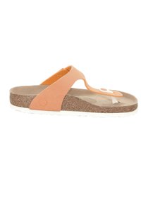 Orange flip-flop with a textured fabric strap, cork footbed, and white rubber sole. Features a round logo accent on the strap.