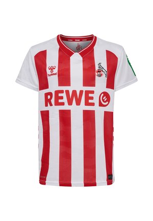 Rot-weißer gestreifter Fußballtrikot mit kurzen Ärmeln und Rundhalsausschnitt, versehen mit "REWE" in fettem Rot und Logos auf der Brust.
