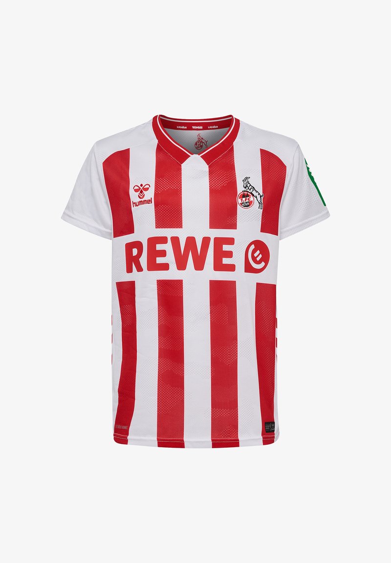Maillot de football à manches courtes rayé rouge et blanc avec un col rond, arborant "REWE" en rouge vif et des logos sur la poitrine.