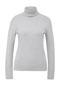 Pull à col roulé gris clair en tissu tricoté doux et extensible. Présente des manches longues et une coupe ajustée avec des détails côtelés au col et à l'ourlet.