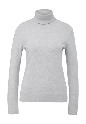 Helle graue Rollkragenpullover aus weichem, elastischem Strickstoff. Mit langen Ärmeln und einer enganliegenden Passform mit gerippten Kragen- und Saumdetails.