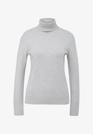 Helle graue Rollkragenpullover aus weichem, elastischem Strickstoff. Mit langen Ärmeln und einer enganliegenden Passform mit gerippten Kragen- und Saumdetails.