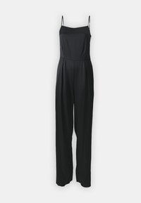 Svart jumpsuit med justerbara tunna axelband, rak halsringning, plisserad detaljer vid midjan och vida byxor. Slät tygtextur.