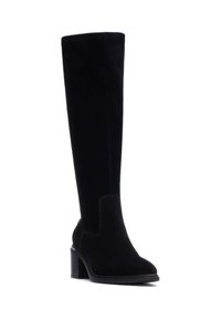 Bota negra de ante hasta la rodilla con tacón cuadrado, textura suave y detalles de costura en las costuras, diseñada para la estabilidad y la comodidad.