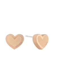 Boucles d'oreilles en métal en forme de cœur, dans une teinte rose pâle, avec une finition lisse. Présente une marque gravée sur le côté.