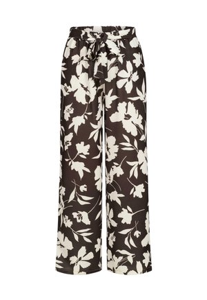 Pantalons larges noirs à motif floral avec un motif de fleurs blanches, dotés d'une taille élastique et d'un lien à l'avant. Tissu léger.