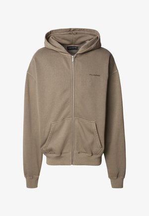 Bruine hoodie met ritssluiting van zachte stof, met een capuchon met trekkoord, twee voorzakken en geribbelde boorden en zoom. Klein logo op de borst.