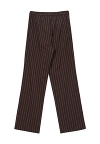 Pantalon large marron avec des rayures blanches verticales, taille élastique, tissu doux et coupe droite. Sans poches ni embellissements.