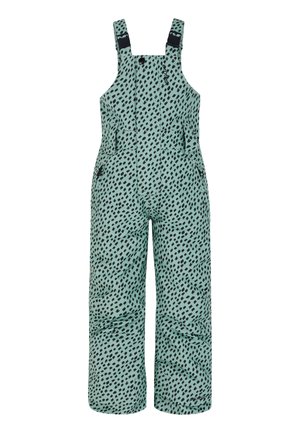 Salopettes de neige vert menthe avec un motif à pois noirs, bretelles ajustables, poches zippées et une coupe décontractée pour flexibilité et confort.