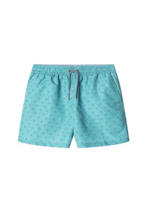 Lichtblauwe zwemshorts met een fijn geometrisch patroon. Gemaakt van zachte stof, met een elastische tailleband en een drawstring sluiting.