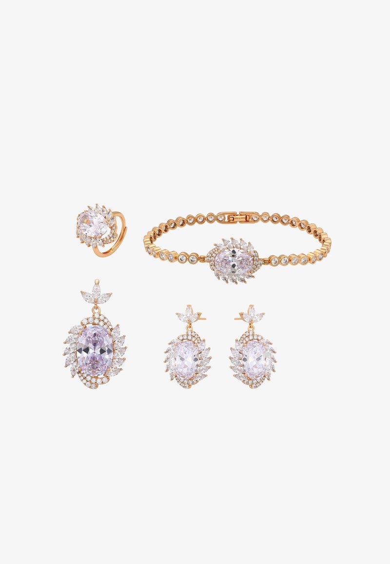 Goudkleurige sieradenset met een ovale centrale steen omringd door heldere kristallen. Bevat een ring, armband en oorbellen met bladenaccenten.