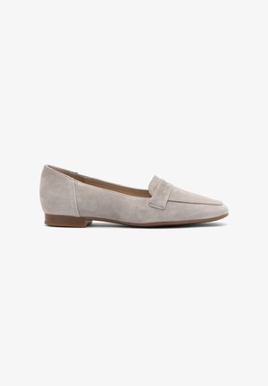 Light grey suede loafers with a flat heel, featuring a rounded toe and a decorative stitched bow accent on the vamp.