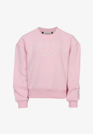 Lichtroze sweatshirt met witte tekst "FOREVER" en oneindigheidssymbool op de borst, geribbelde manchetten en tailleband, en gedeeltelijk zichtbare tekst op de mouw.