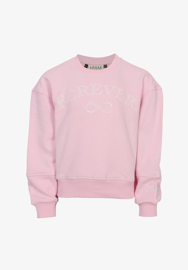 Light pink sweatshirt with white text "FOREVER" and infinity symbol on the chest, ribbed cuffs and waistband, and partially visible sleeve text.