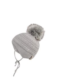 Knit gray beanie with a textured pattern, topped with a light gray fur pom-pom and adjustable ties on each side.