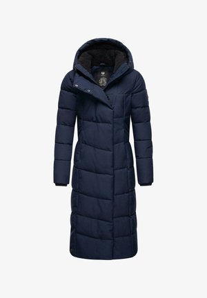 Lang, navyblå dunjakke med hætte, der har et kviltet design, frontlynlås og trykknapper. Blødt indre fôr for varme.