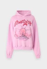 Rózsaszín kapucnis pulóver laza szabással, kontrasztos színekben nap és hegy grafikai mintával. Ribbed ujjvégek és alj.