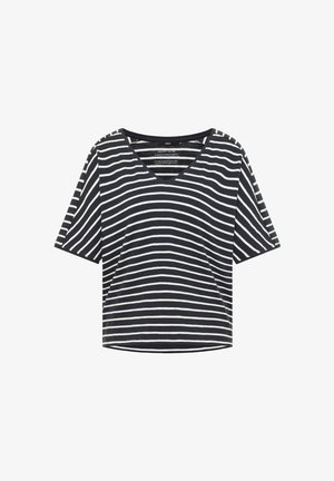 Schwarzes kurzärmeliges V-Ausschnitt-Shirt mit horizontalen weißen Streifen, hergestellt aus Bio-Baumwolle.