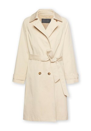Beiger Trenchcoat aus leichtem Stoff, mit Bindegürtel, doppelt geknöpfter Vorderseite mit goldenen Knöpfen und großem Reverskragen.