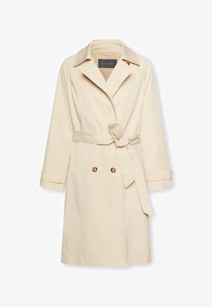 Beiger Trenchcoat aus leichtem Stoff, mit Bindegürtel, doppelt geknöpfter Vorderseite mit goldenen Knöpfen und großem Reverskragen.