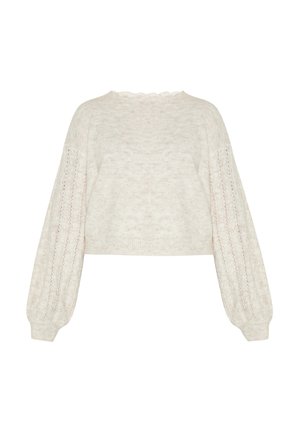 Pulover tricotat de culoare crem cu mâneci lungi, bufante, cu model din dantelă și tiv și manșete cu striații.