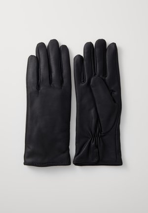 Gants en cuir noir avec une texture lisse, dotés de cinq doigts, d'un détail froncé au poignet et d'un design élégant et ajusté.