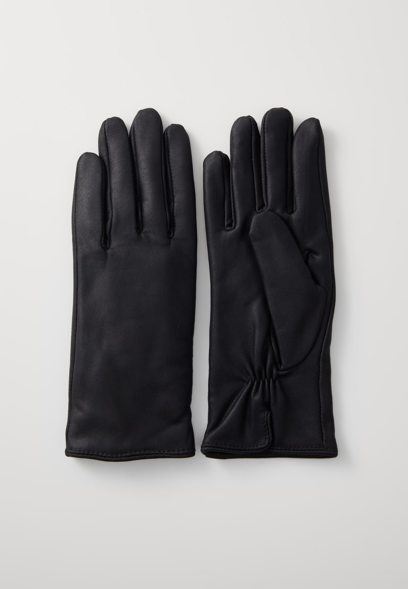 Black leather gloves with a smooth texture, featuring five fingers, a gathered wrist detail, and a sleek, fitted design.