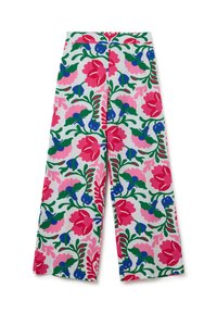 Pantalons larges en tissu léger, avec un motif floral multicolore en rose, vert et bleu sur fond blanc.