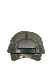 Olive green baseball cap with a mesh back and a curved brim, featuring a worn camo pattern and an adjustable snap closure with a flag detail.