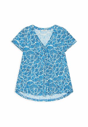Blusa blu e bianca a maniche corte con scollo a V, motivo astratto a forma di ventaglio e orlo leggermente curvo.