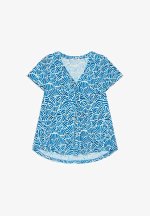 Blouse bleu et blanc à manches courtes avec col en V, motif abstrait en forme d’éventail et ourlet légèrement incurvé.