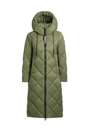 Manteau long matelassé en vert olive avec une capuche, dotée d'une fermeture éclair à l'avant, de cordons de serrage et de poches latérales. Matière lisse et résistante à l'eau.