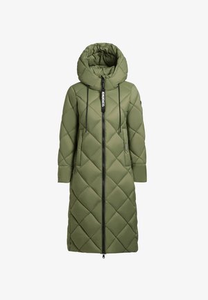 Manteau long matelassé en vert olive avec une capuche, dotée d'une fermeture éclair à l'avant, de cordons de serrage et de poches latérales. Matière lisse et résistante à l'eau.